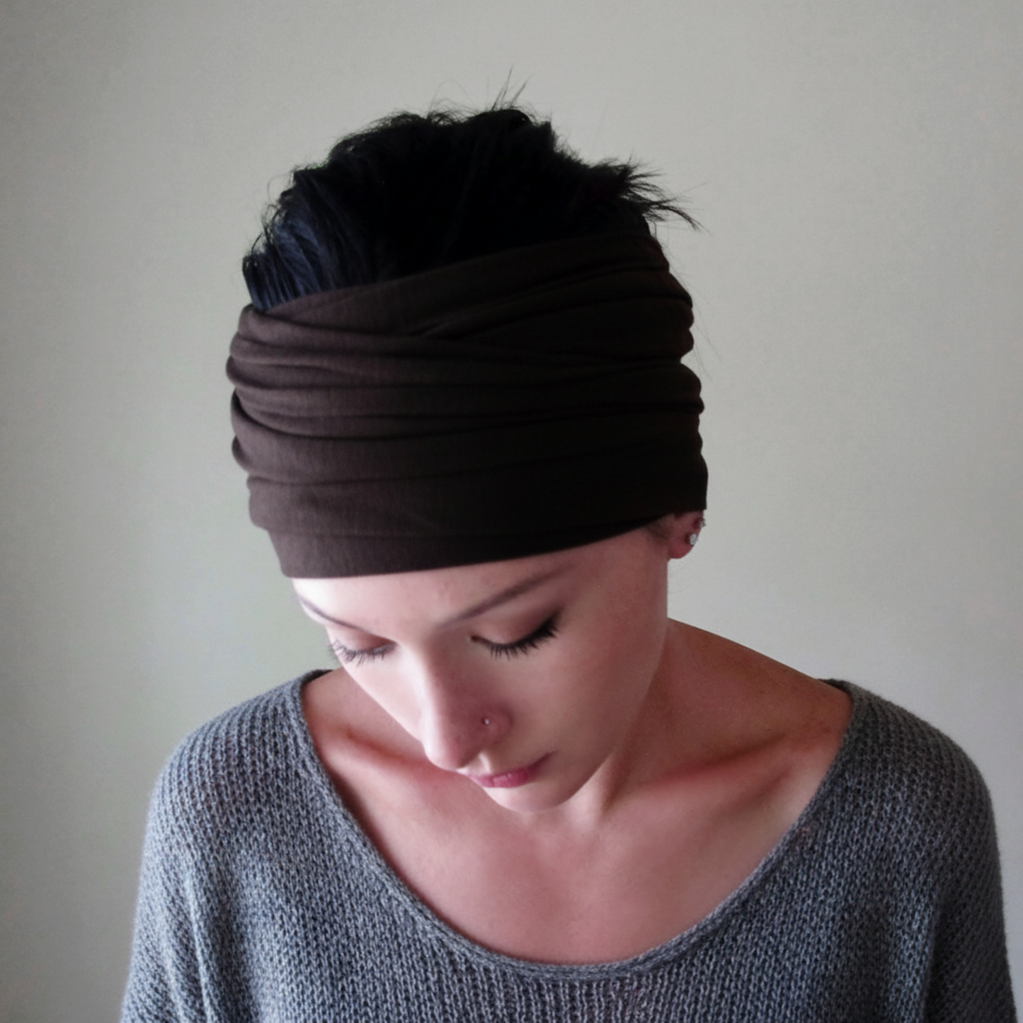 woman wearing an espresso brown ecoshag head wrap