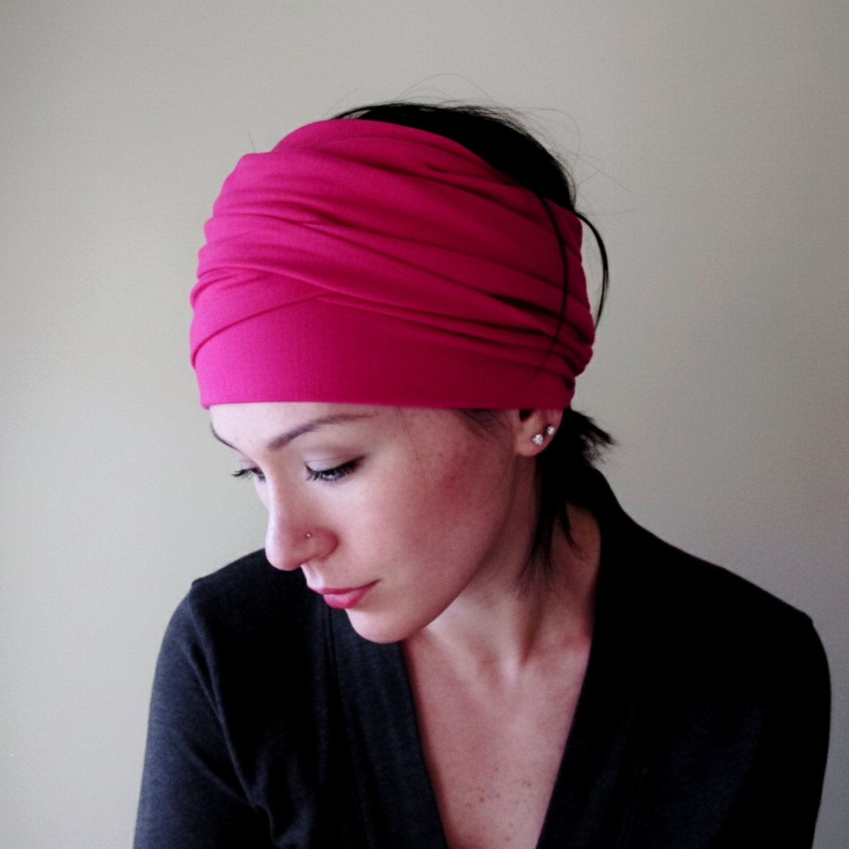 woman wearing a fuchsia pink ecoshag head wrap