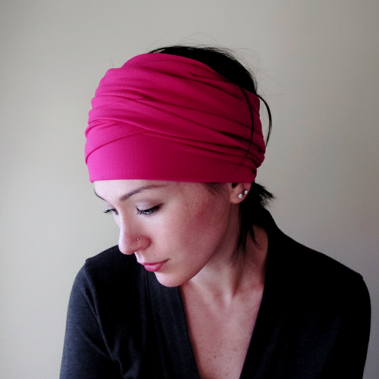 woman wearing a fuchsia pink ecoshag head wrap