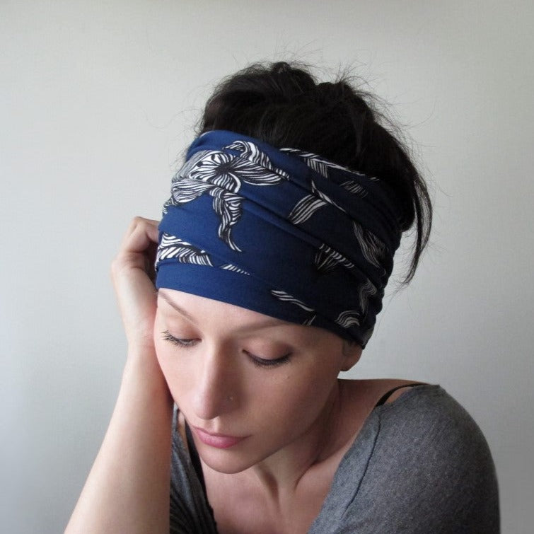 navy blue floral filigree head scarf ecoshag